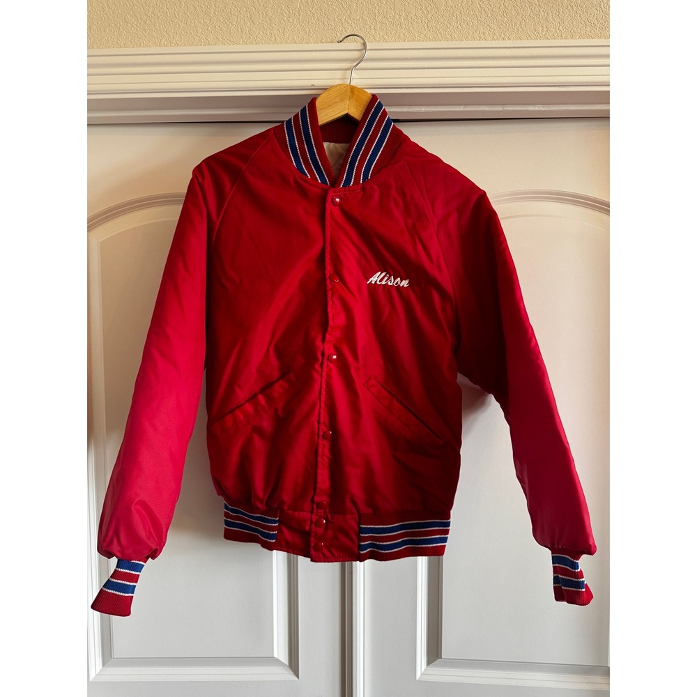 Vintage 80s DeLong Satin Bomber Jacket Valley City State Gymnastics Red Adult S